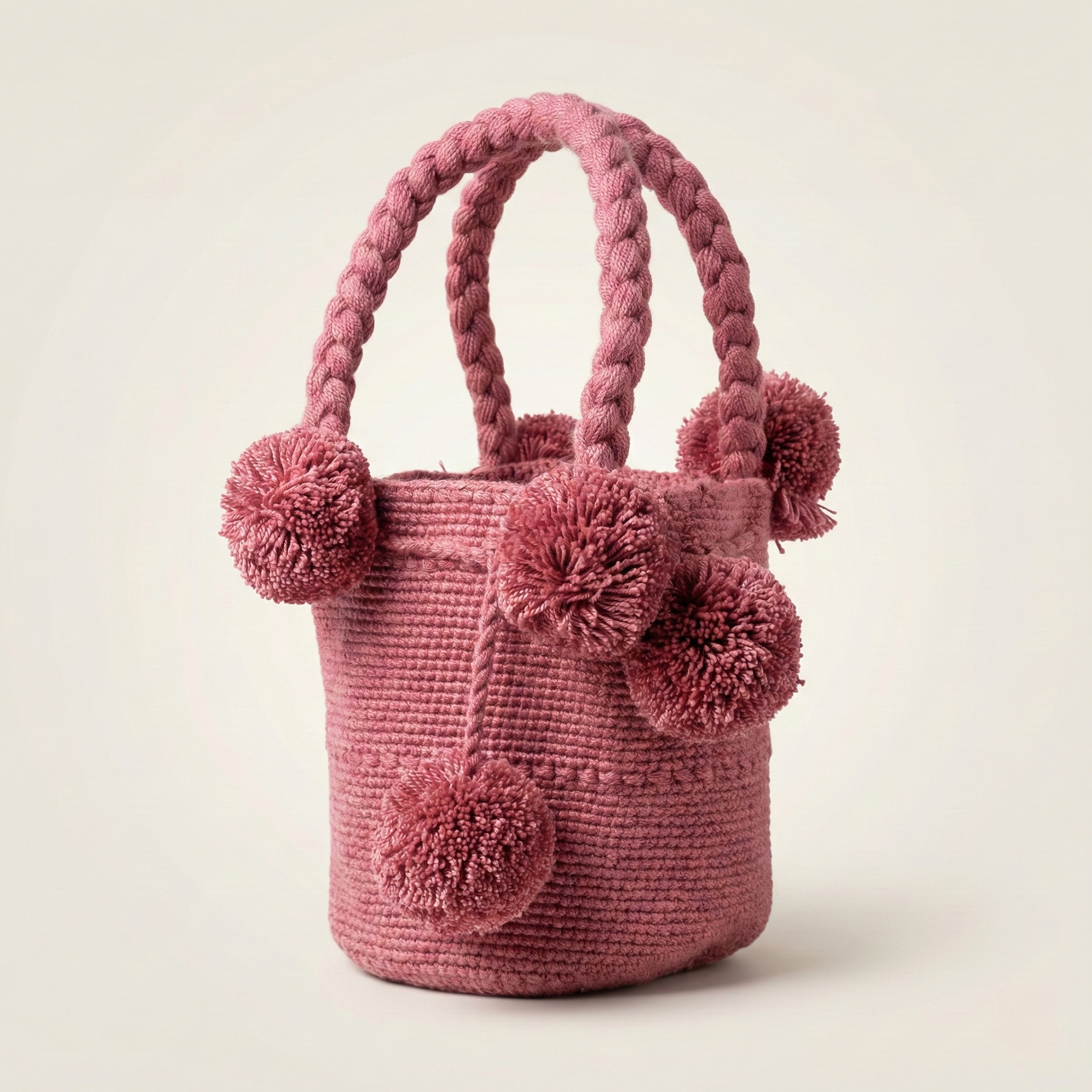 Bolso de mano artesanal color rosa malva con múltiples pompones decorativos y asas trenzadas, diseño bohemio y con textura.
