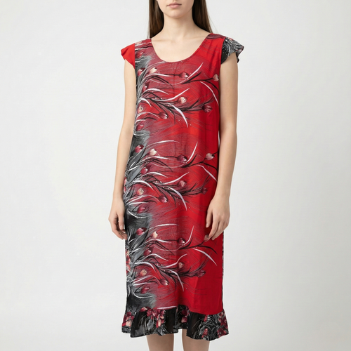 Manta Wayuu corta de color rojo con estampado de flores negras y grises, mangas tipo casquillo y detalle de bolero en el ruedo.