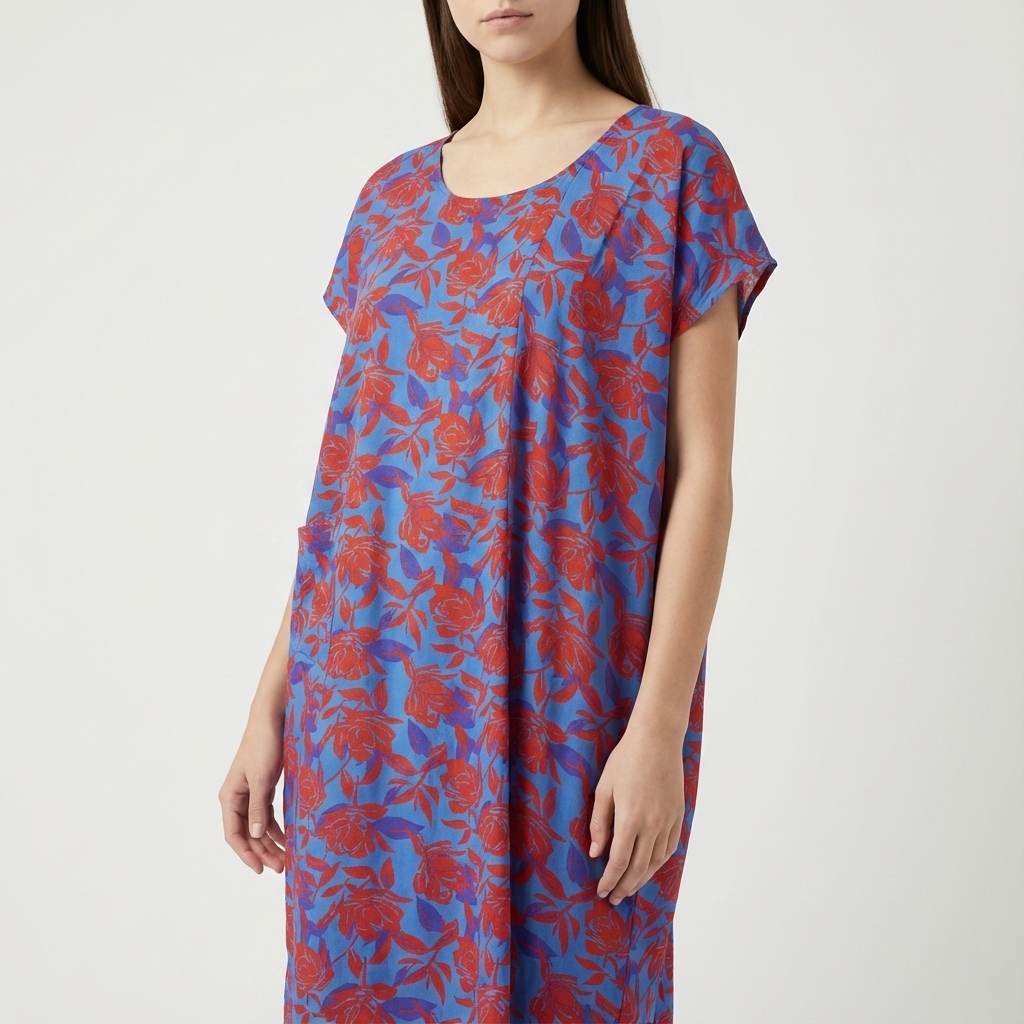 Manta Wayuu de corte moderno con estampado floral rojo y azul, cuello redondo y bolsillos laterales.