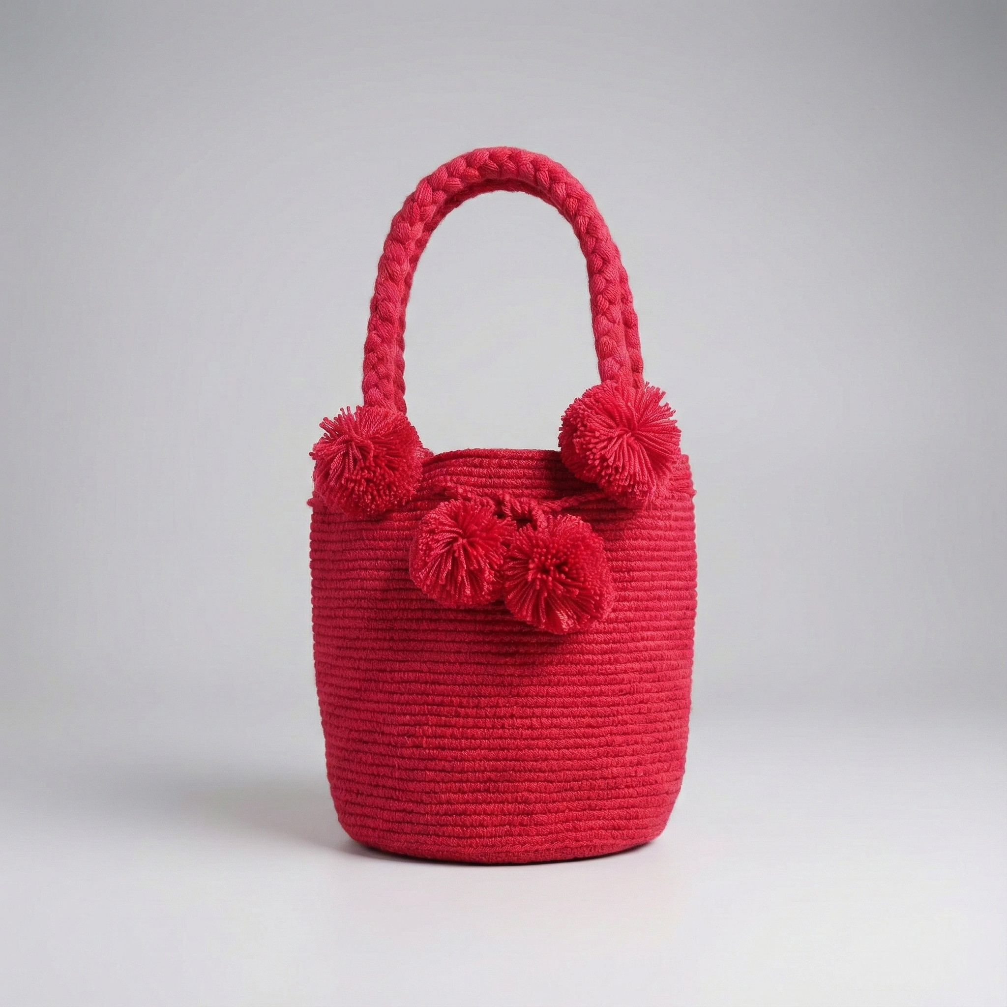 Mochila Wayúu de mano en color rojo vibrante con asa trenzada corta y cuatro pompones decorativos grandes en el mismo tono.