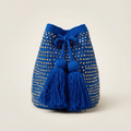 Mochila Wayúu Azul Rey con Pedrería y Borlas Voluminosas