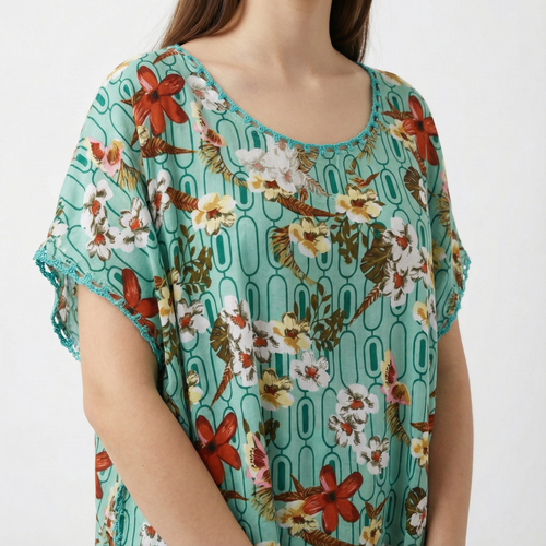 Manta Wayuu Corta - Estampado Floral en Fondo Verde Aqua